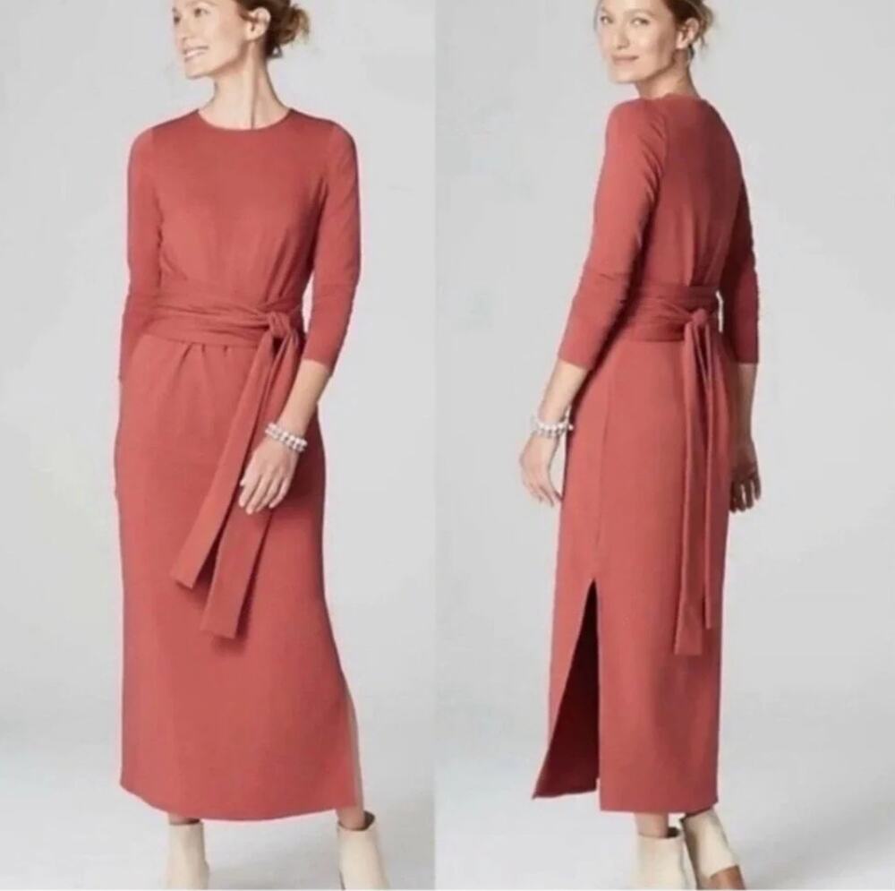 J. Jill Pure Jill Womens S Petite Rust Pima Cotton Modal Tie Waist Midi Dress
